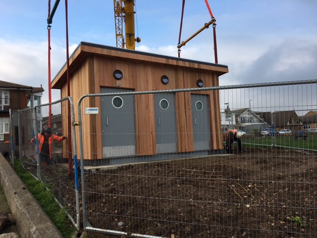 Swale Public Toilets being hoisted in to place
