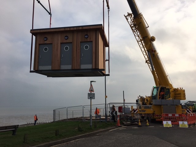 Swale public toilets being delivered in to place by a crane